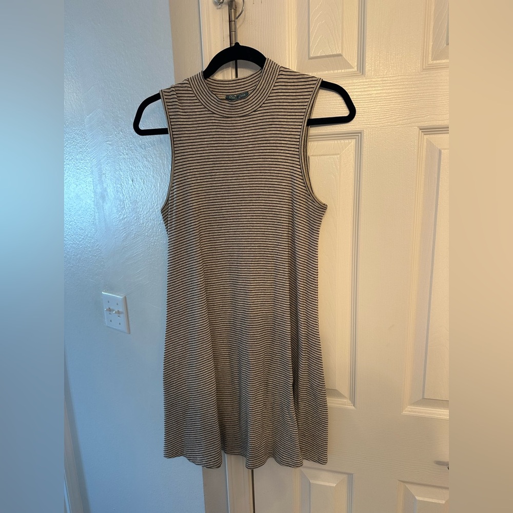 Striped Sleeveless Mock Neck Dress with Pockets